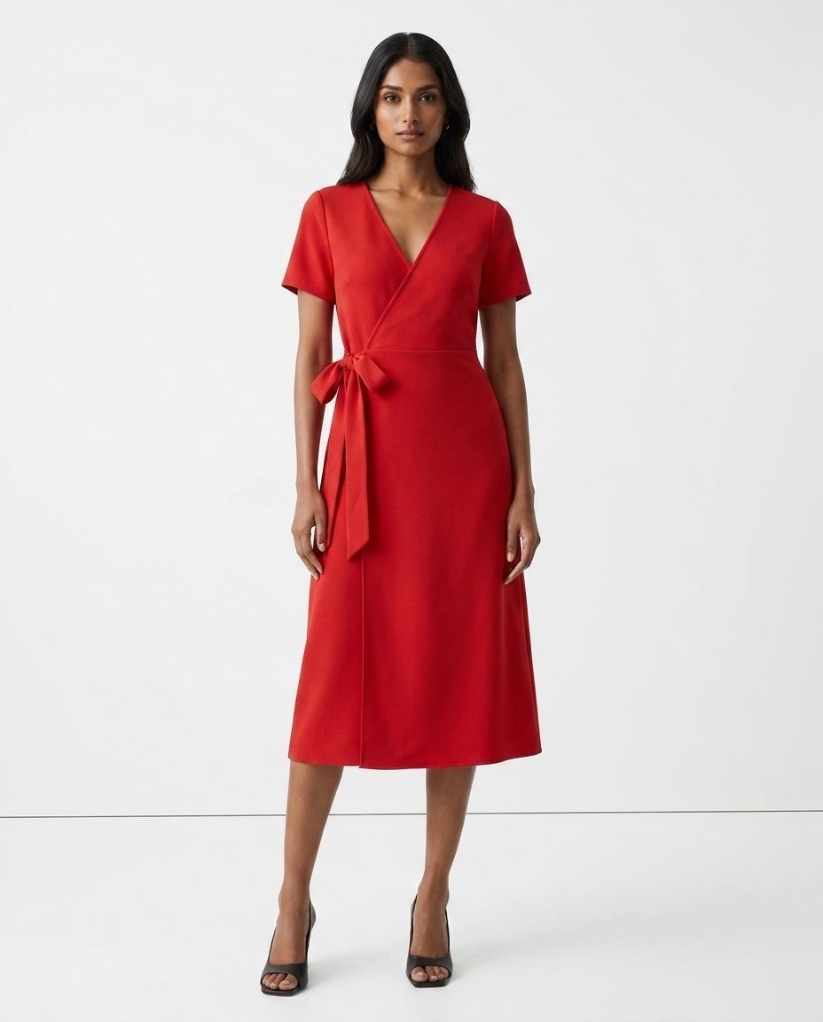 Scarlet wrap midi dress on Priya — South Asian synthetic fashion model, white studio