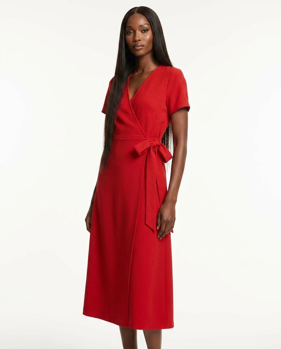 Scarlet wrap midi dress on Iman — East African synthetic fashion model, white studio