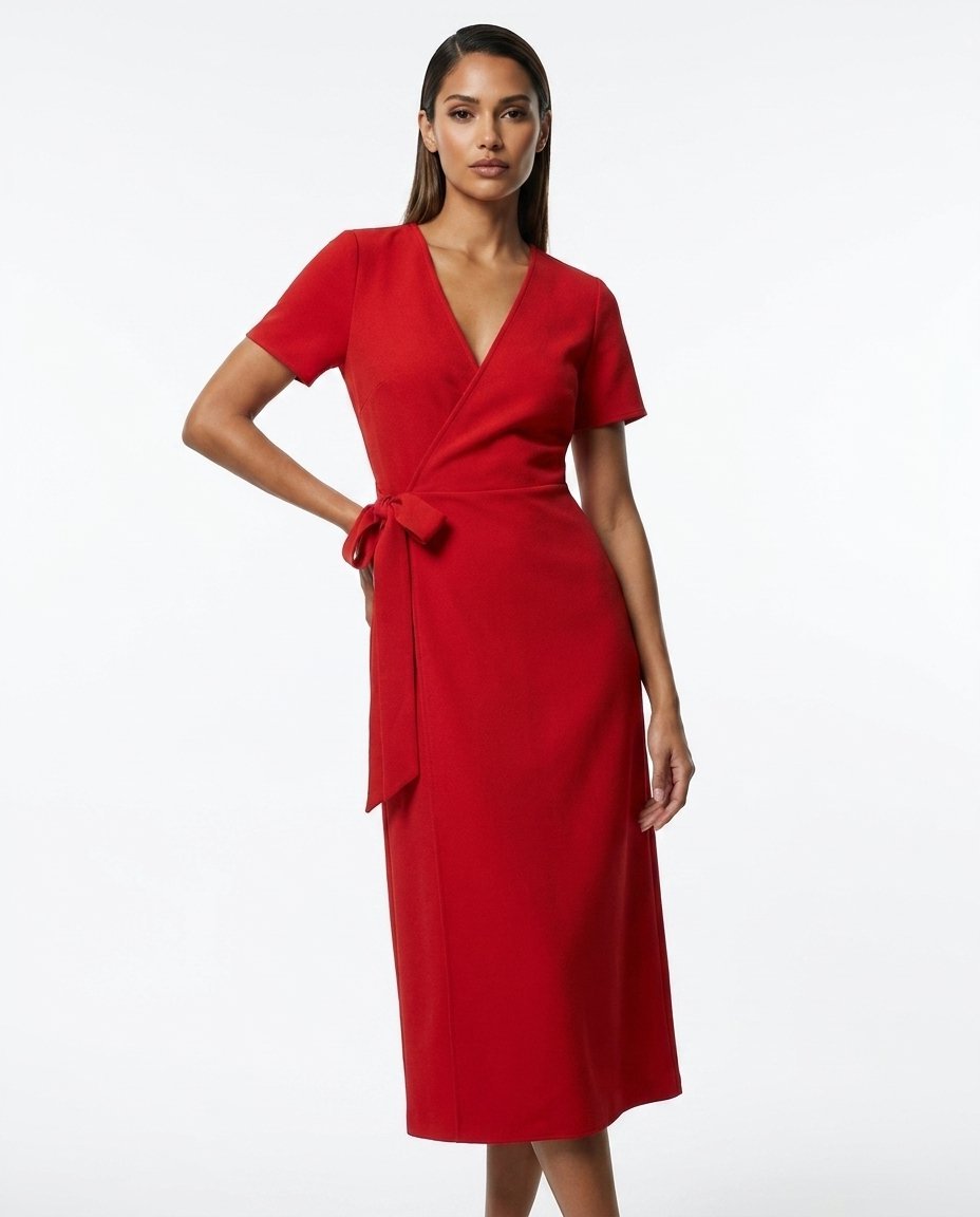 Scarlet wrap midi dress on Camila — Latina synthetic fashion model, white studio