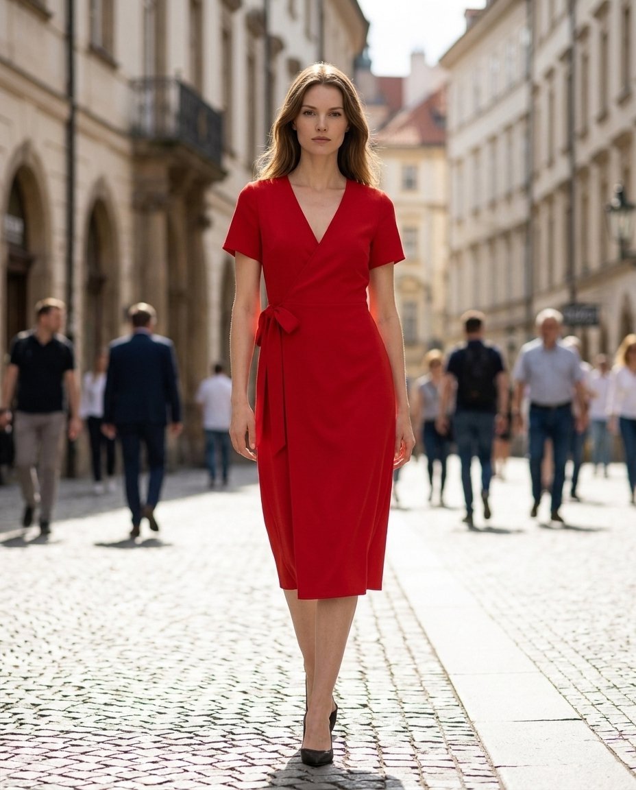 Scarlet wrap midi dress on Elin — Nordic synthetic fashion model on a city street