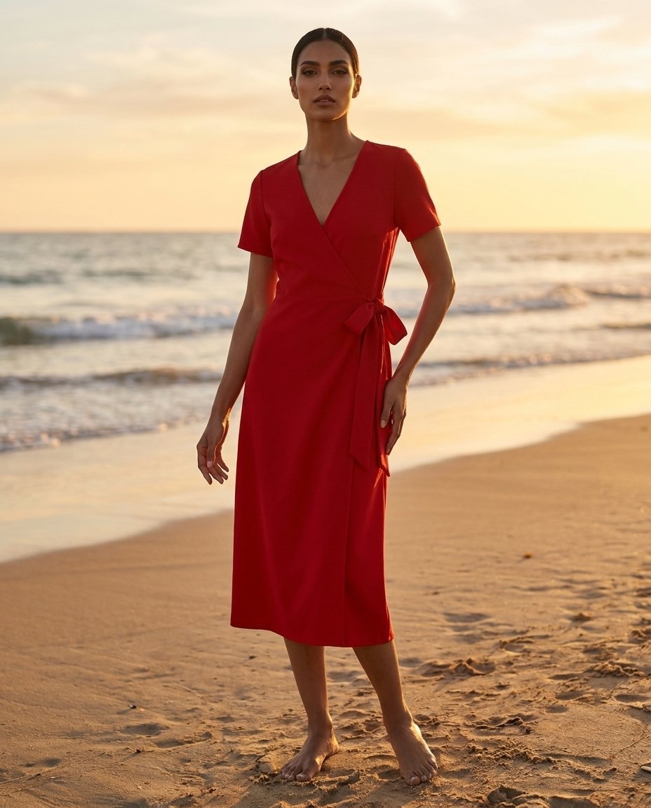 Scarlet wrap midi dress on Leila — Middle Eastern synthetic fashion model, golden-hour beach