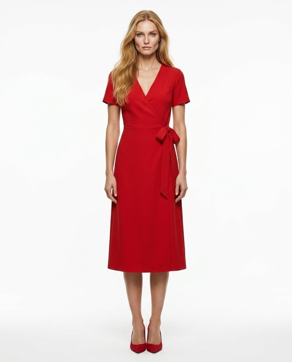 Scarlet wrap midi dress on Freja — Scandinavian synthetic fashion model, white studio