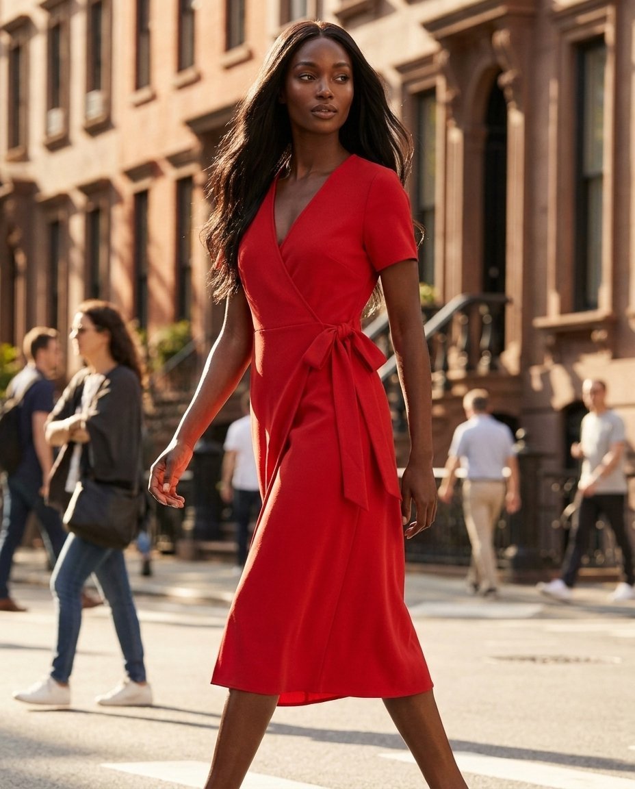 Scarlet wrap midi dress on Naomi — Black synthetic fashion model on a sunlit street