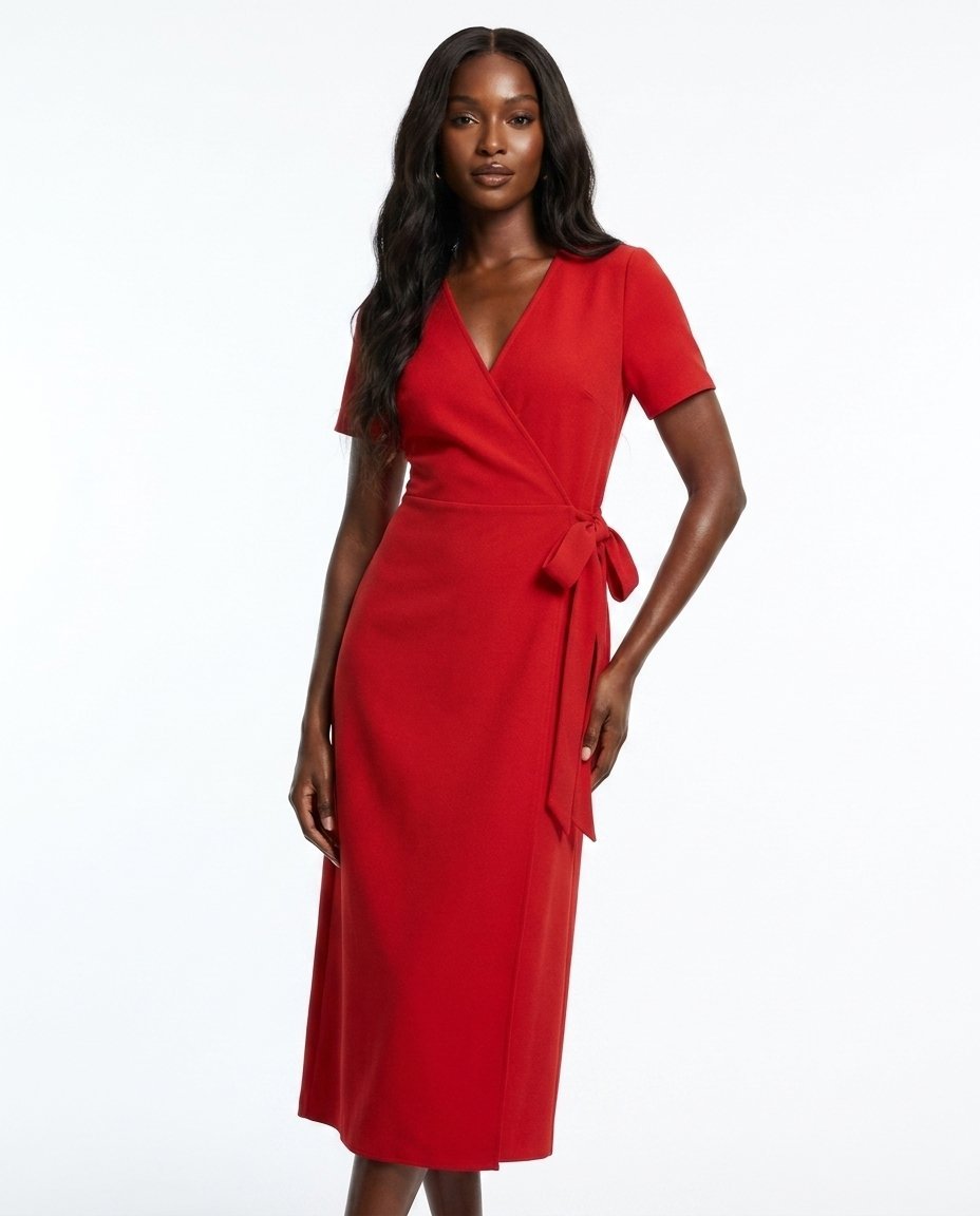 Scarlet wrap midi dress on Amara — Black synthetic fashion model, white studio