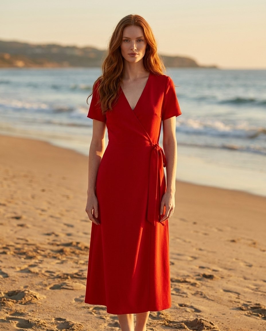 Scarlet wrap midi dress on Astrid — White synthetic fashion model at the beach