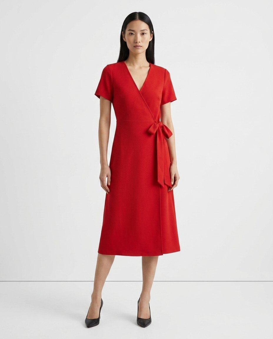 Scarlet wrap midi dress on Yuki — East Asian synthetic fashion model, white studio